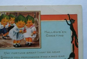 Fantasy Halloween Postcard Whitney Pixies Green Haired Children Black Cats Rare 