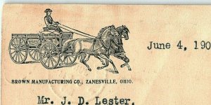 1900 Brown Manufacturing Co Zanesville Ohio Horse & Buggy Letterhead June Horses 