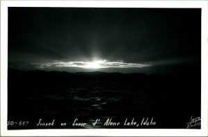 RPPC Sunset on Coeur d' Alene Lake Idaho ID UNP 1940s Postcard Tegs Studio B1