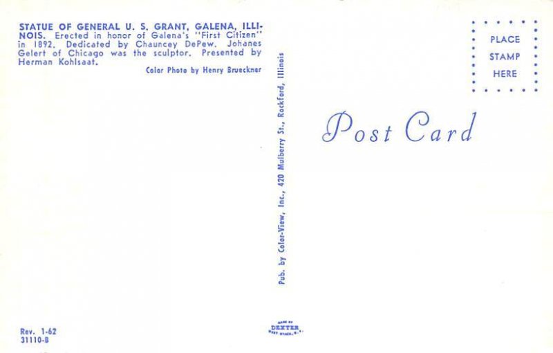 Statue of General U.S. Grant Galena, Illinois USA View Postcard Backing 