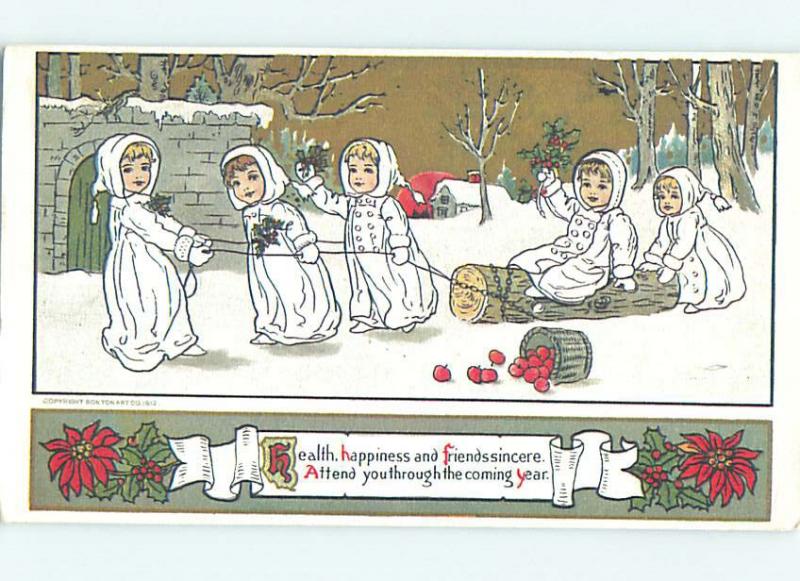 Reproduction 1980 Version Of 1912 Card - Kids Pull Log Thru Snow o7051