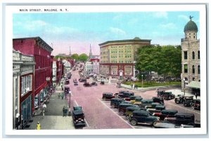 Malone New York Postcard Main Street Classic Cars Building c1940 Vintage Antique