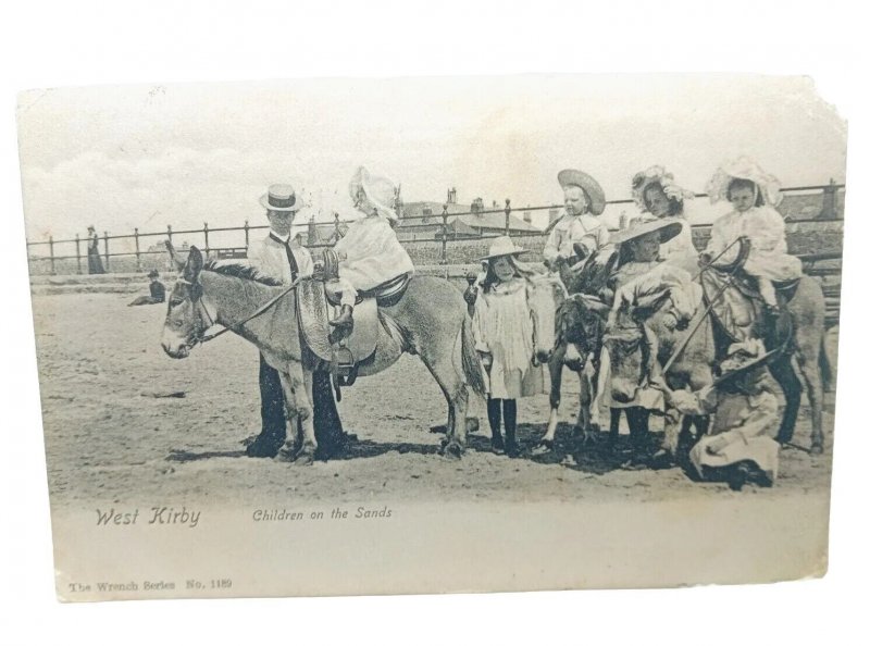 Children With Donkeys On The Sands West Kirby Cheshire Vintage Postcard 1907