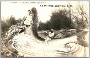 PRINCE GEORGE B.C. CANADA EXAGGERATED FISHING ANTIQUE REAL PHOTO POSTCARD RPPC