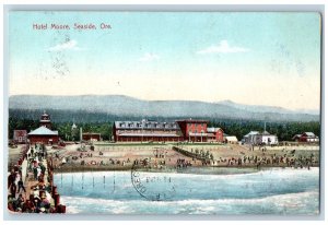 Seaside Oregon OR Postcard Hotel Moore Exterior People On Bridge 1908 Antique