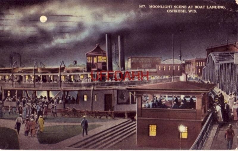 MOONLIGHT SCENE AT BOAT LANDING, OSHKOSH, WI 1914