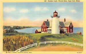 NOBSKA LIGHT Woods Hole, Cape Cod, MA Lighthouse c1940s Linen Vintage Postcard 