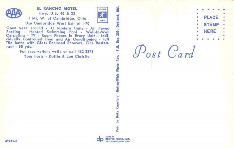 El Rancho Motel US 40 Cambridge Ohio postcard