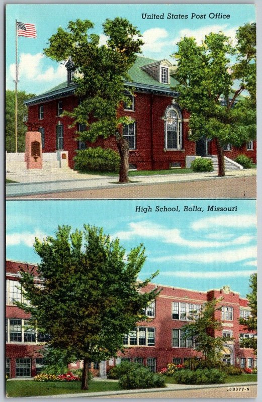 Rolla Missouri 1940s Postcard United States Post Office & High School