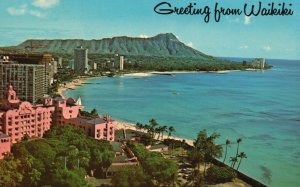 Vintage Postcard Greetings From Waikiki Aerial View Of Beach Diamond Head HawaiI