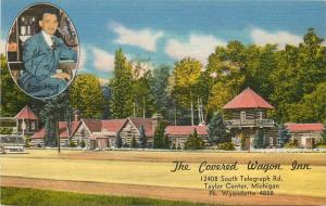 Linen Postcard Covered Wagon Inn, Taylor Center MI Hwy US 24 Telegraph Road