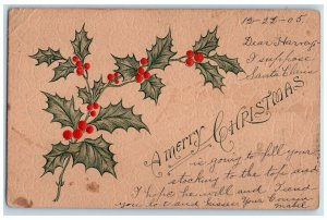 1905 Merry Christmas Holly Berries Minimalist Embossed Paterson NJ Postcard