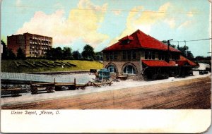 Postcard Union Railroad Depot in Akron, Ohio