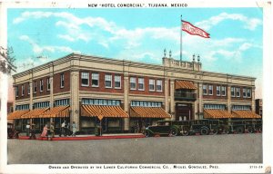 VINTAGE POSTCARD HOTEL COMMERCIAL TIJUANA MEXICO OLD CARS POSTALLY USED c. 193