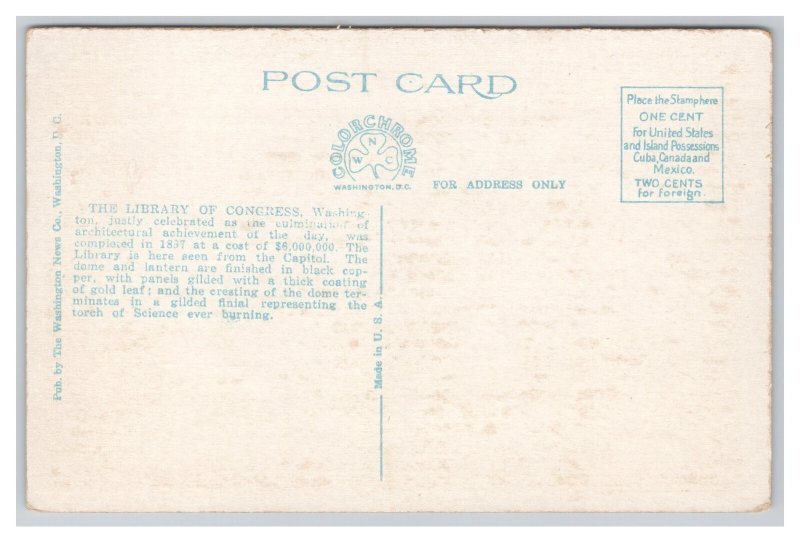 Washington D. C. Library Of Congress Postcard