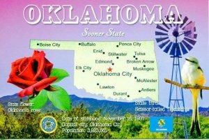 OKLAHOMA Map Postcard - The Sooner State -  State Symbols