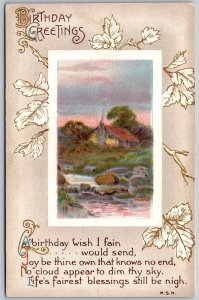 Vtg Birthday Greeting Gold Gilt Leaf Poem Embossed 1910s Winsch Back Postcard