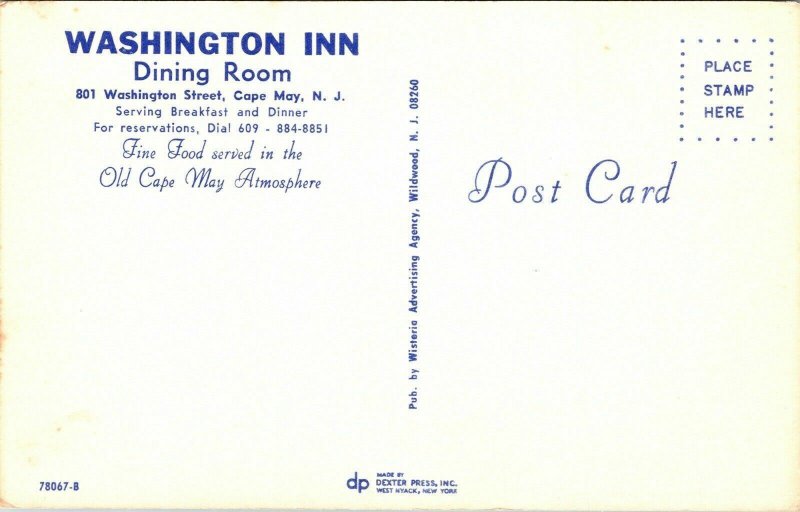Washington Inn Dining Room Cap May NJ New Jersey Old VTG Postcard UNP Dexter