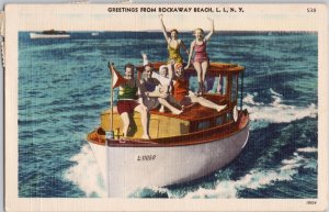 Greetings from Rockaway Beach Long Island New York Boat UCV Stamp Postcard H31