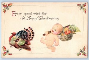 Gibson Postcard Thanksgiving Turkey And Cute Little Angel With Basket 1907