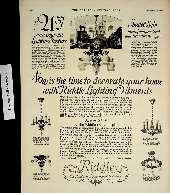 1926 Riddle Decorative Lighting Fitments Vintage Print Ad 4433