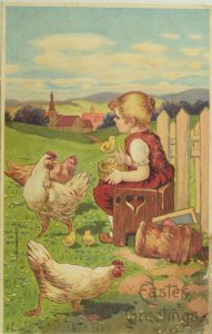 Circa 1910 Easter Girl Feeding Chickens Embossed Vintage Postcard P54