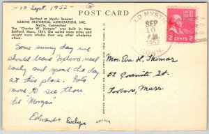 Mystic Connecticut 1952 Postcard Ship Charles W. Morgan Coming Up River