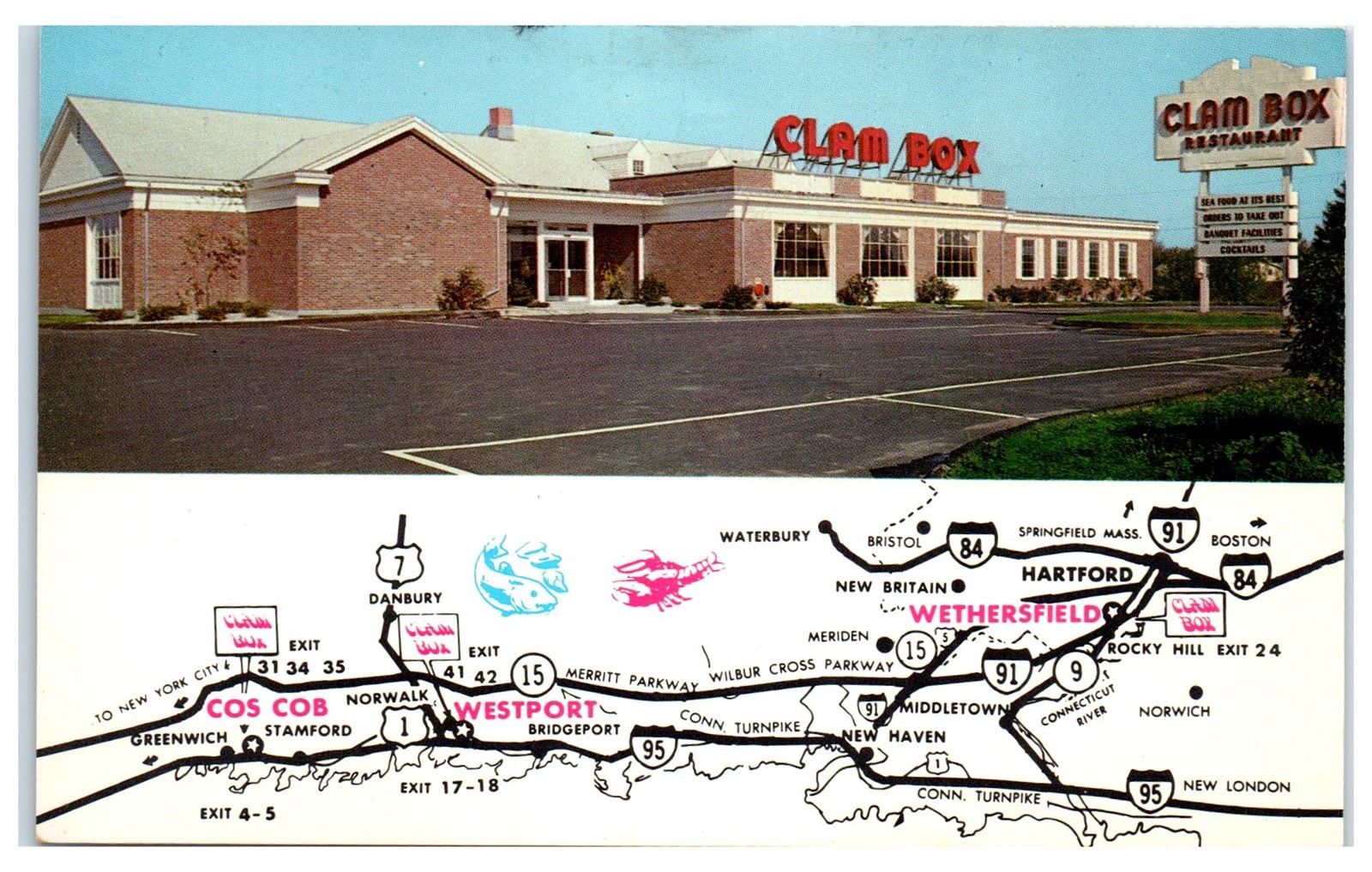 1960s Clam Box Restaurant, Wethersfield, CT Postcard United States