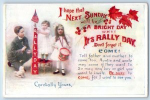 Rally Day Postcard Children With Drum Flag Cordially Yours c1910's Antique