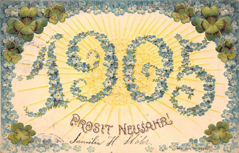 B125 New Year 1905 Big Numbers of Forget-me-not Shamrock embossed postcard