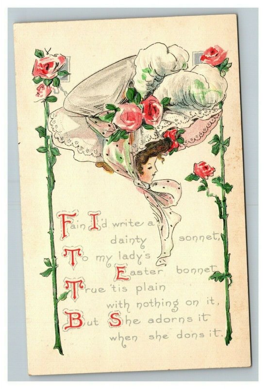 Vintage 1910's Art Deco Easter Postcard Woman in Huge White Bonnett Pink Roses