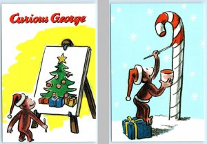 2 Postcards CURIOUS GEORGE Painting CHRISTMAS TREE & CANDY CANE c1990s~ 4x6