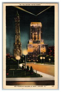 Postcard IL Water Works Palmolive Bldg. At Night Chicago Vtg. Standard View Card