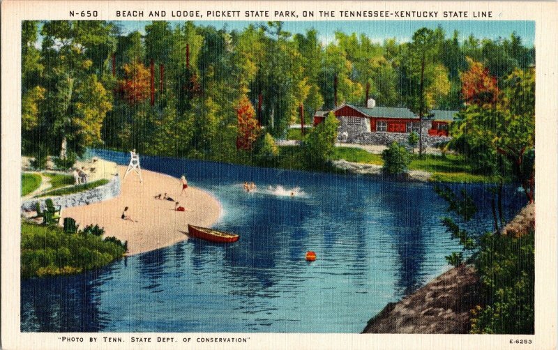 Pickett State Park Tennessee-Kentucky Beach Lodge Linen Postcard Divided Vintage 