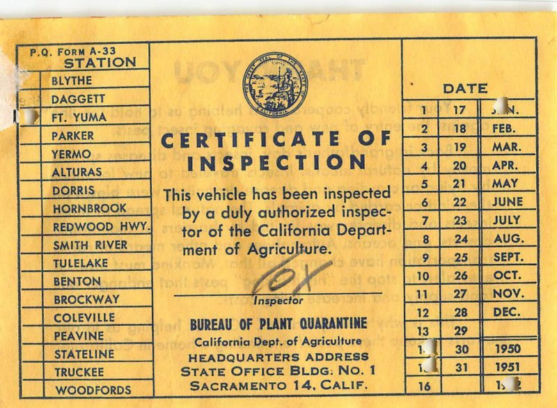 FT YUMA CALIFORNIA~CERTIFICAE OF AGRICULTURE INSTPECTION 1952