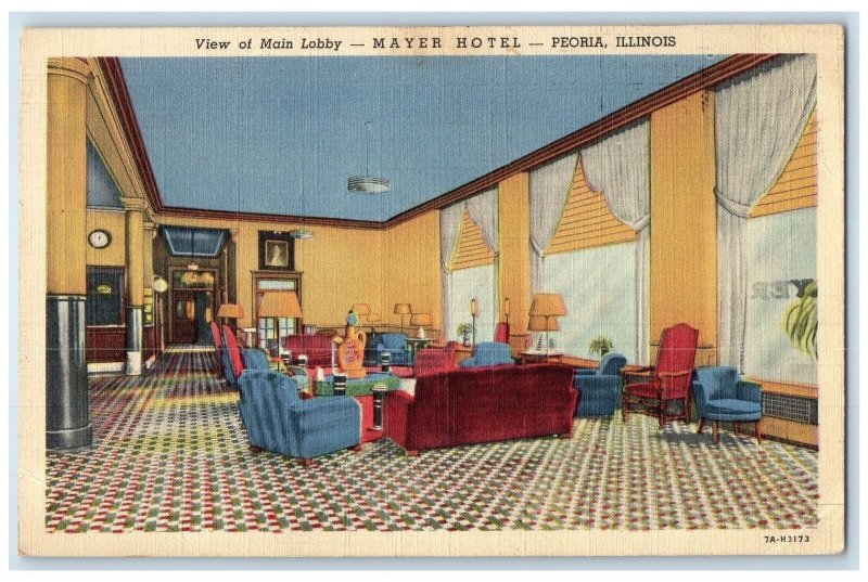1940 Mayer Hotel View Of Main Lobby Restaurant Peoria Illinois Vintage Postcard