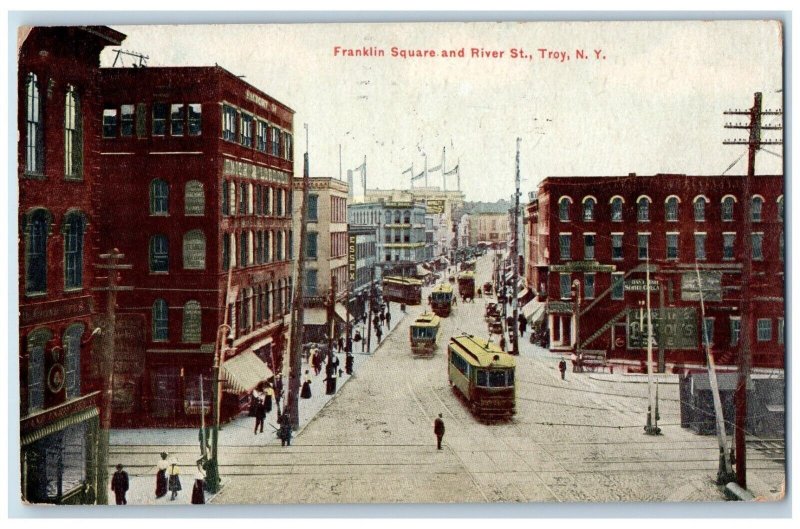 1911 Franklin Square And River Street Trolley Troy New York NY Antique