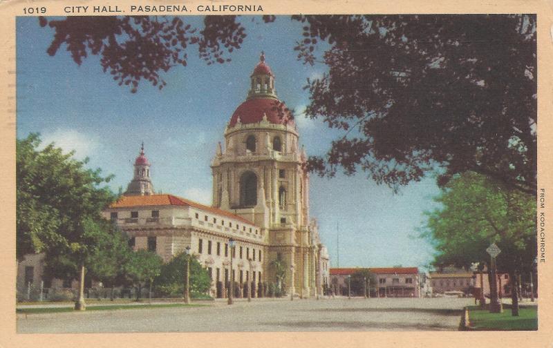 City Hall, Pasadena, California, early postcard, used in 1942