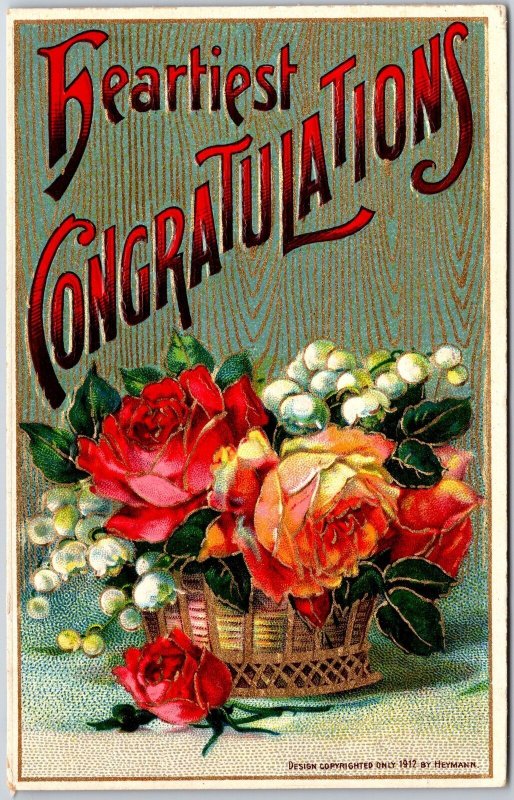 1912 Heartiest Congratulations Flowers In Basket Greetings Posted Postcard