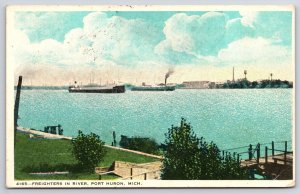 1925 Freighters In River Port Huron Michigan Scenic Blue Waters Posted Postcard 