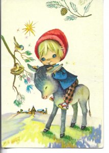 Little girl riding her donkey Modern Spanish, artist drawn, postcard