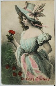 Beautiful Woman Hand Colored Birthday Greetings Postcard M3