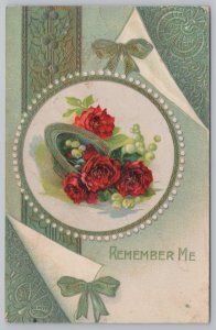 Greetings~Red Roses Mistletoe & Green Wallpaper Remember Me~Vintage Postcard