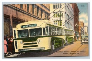 Vintage 1940's Postcard Trackless Trolley Electric Buses Seattle Washington