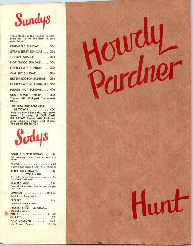 c1950s Kissimmee, FL Howdy Pardner Restaurant Menu Hunt Bros Southern Dialect 3L