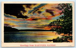 Greetings from HARTFORD, Kansas KS ~ Sunset LYON COUNTY ca 1940s Linen Postcard