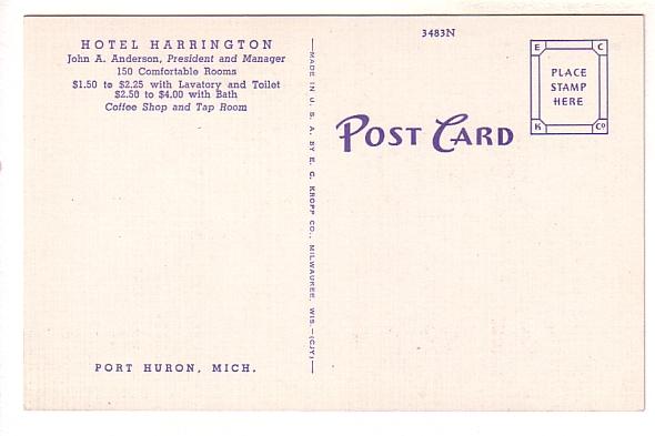 Harrington Hotel Port Huron, Michigan, John A Anderson Manager, 40's Cars, 'F...