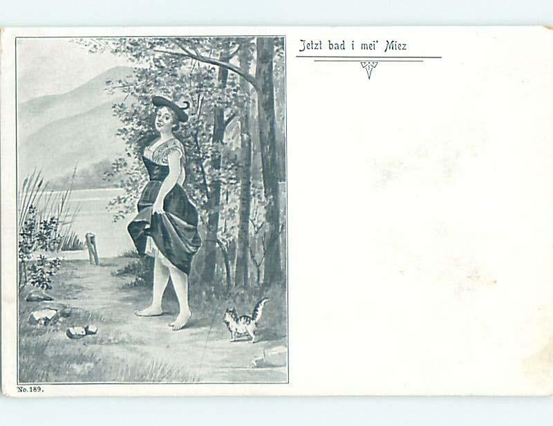Pre-1907 risque foreign KITTEN CAT FOLLOWS PRETTY GIRL PULLING UP DRESS HL3669