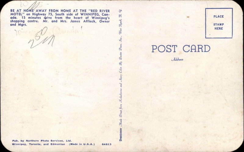 Winnipeg Manitoba Red River Motel Car c1950s-60s Postcard