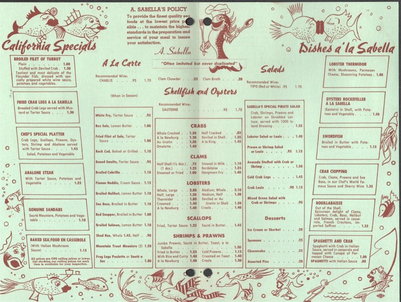 1950's Menu Postcard A Sabella's Fish Grotto San Francisco California CA 